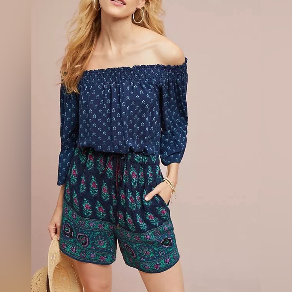 NWT Anthropologie Kaleo Navy Floral Off the Shoulder Romper Size XS